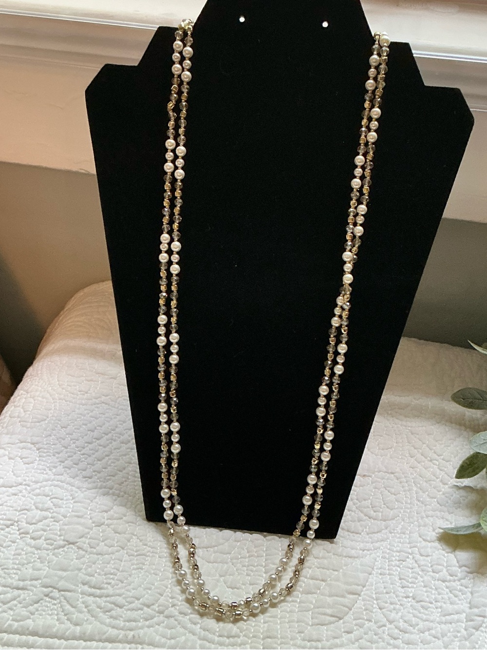 LOFT Long Layered Pearl and Gold Bead Necklace